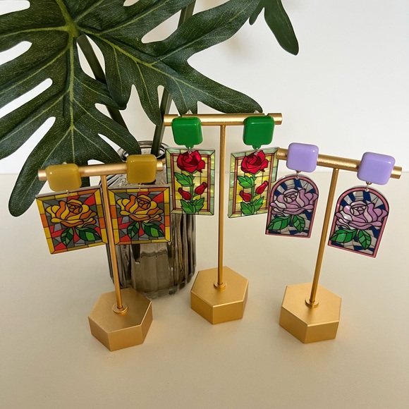 Art Nouveau Floral Stained Glass Earrings- Dangle Retro Flower Earrings - Picture 6 of 16